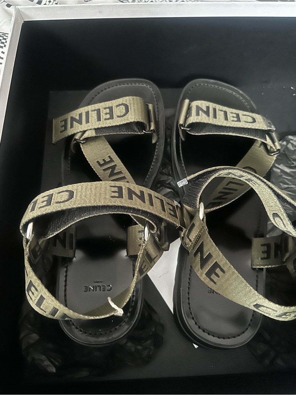 Celine Green Logo Webbing And Black Leather Sandals